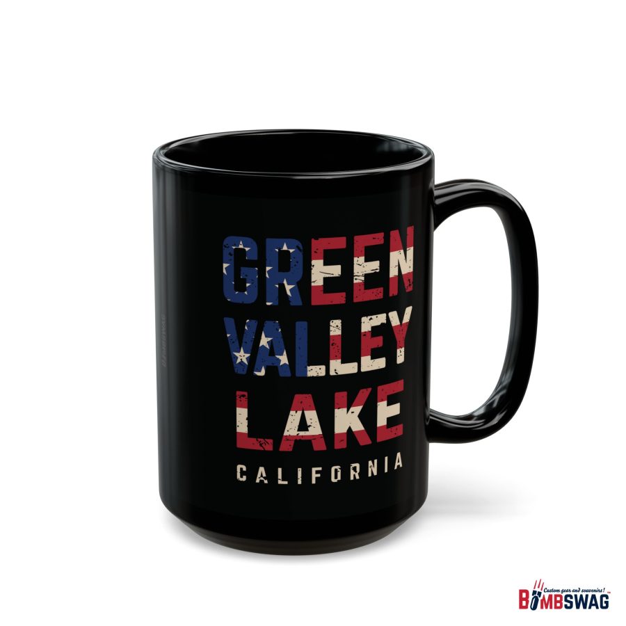 green valley lake black coffee mug styled with the american flag