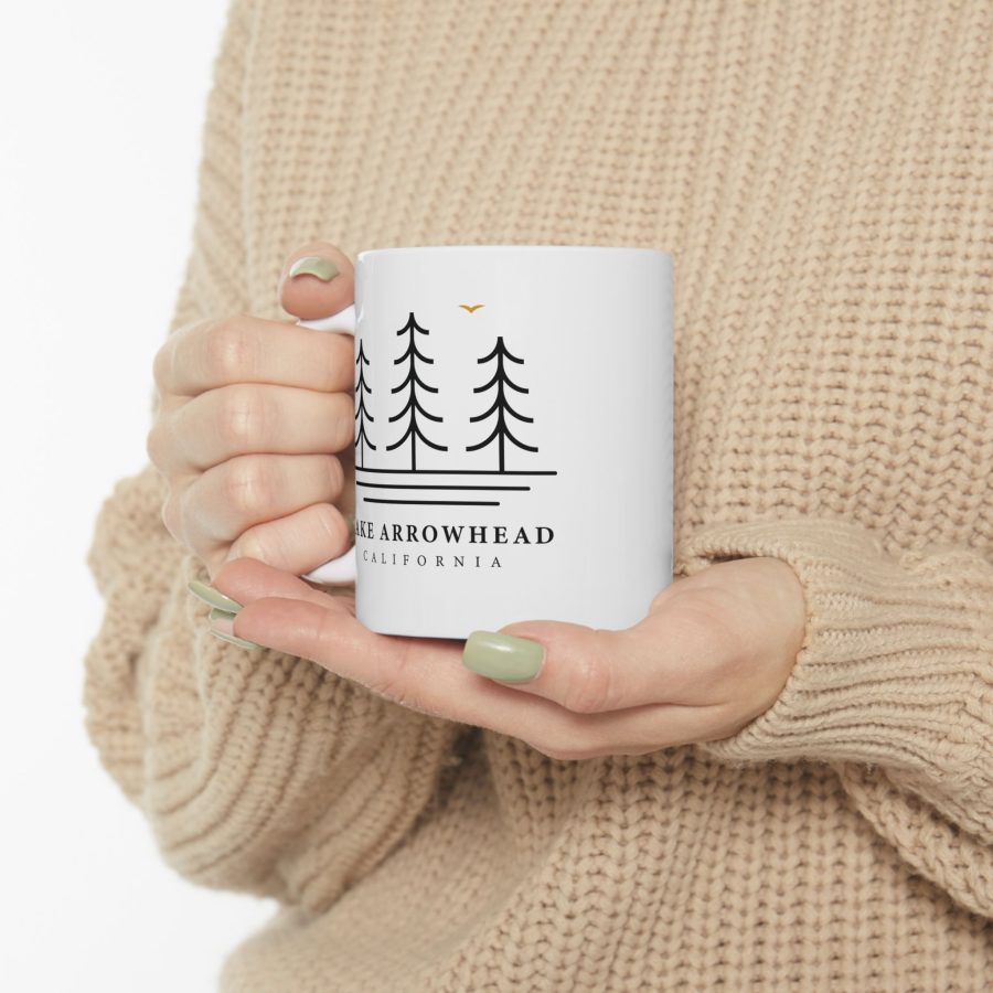 lake arrowhead coffee mug with our three tree and water line art