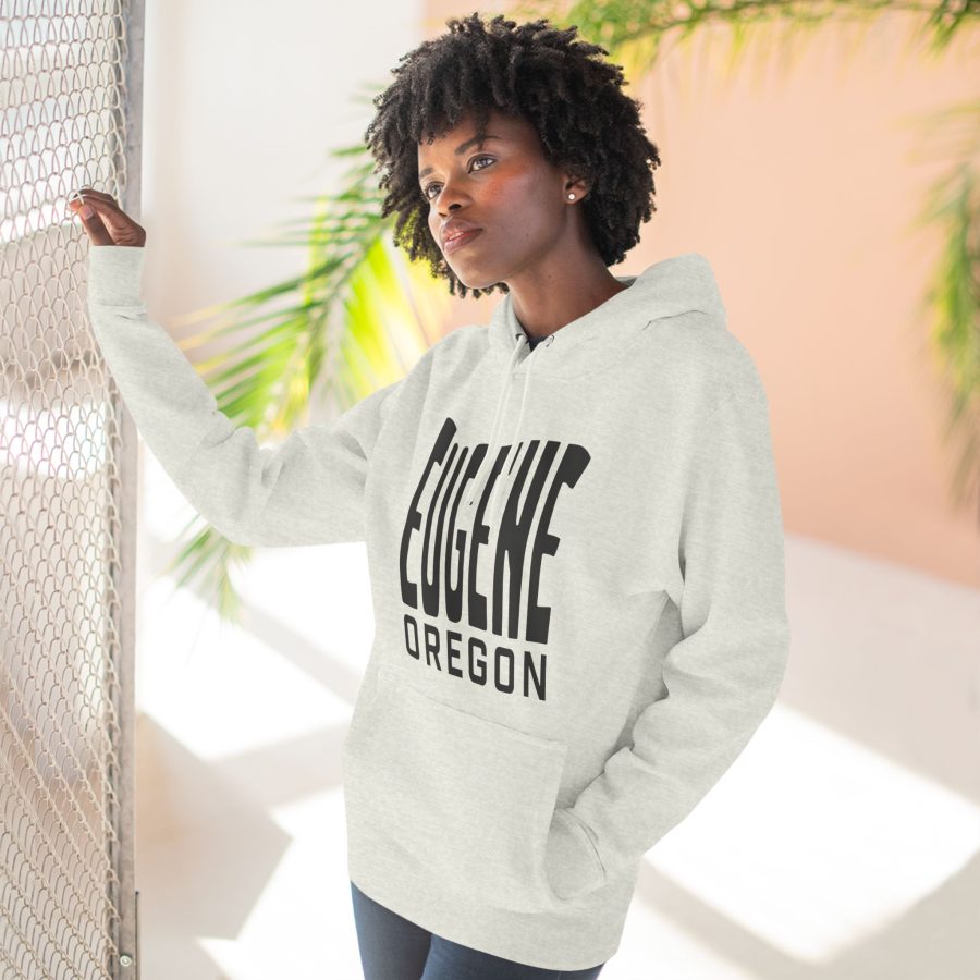 eugene oregon premium hoodie with custom state shaped typeface