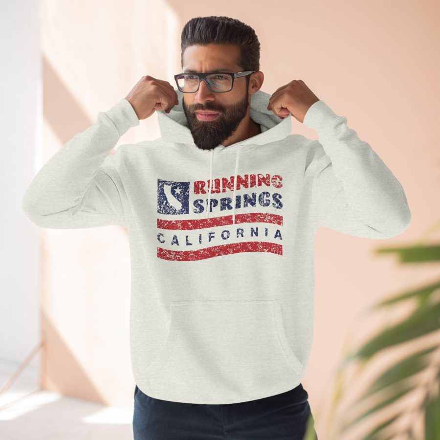 running springs premium hoodie with our flag wave, star, and state shape design