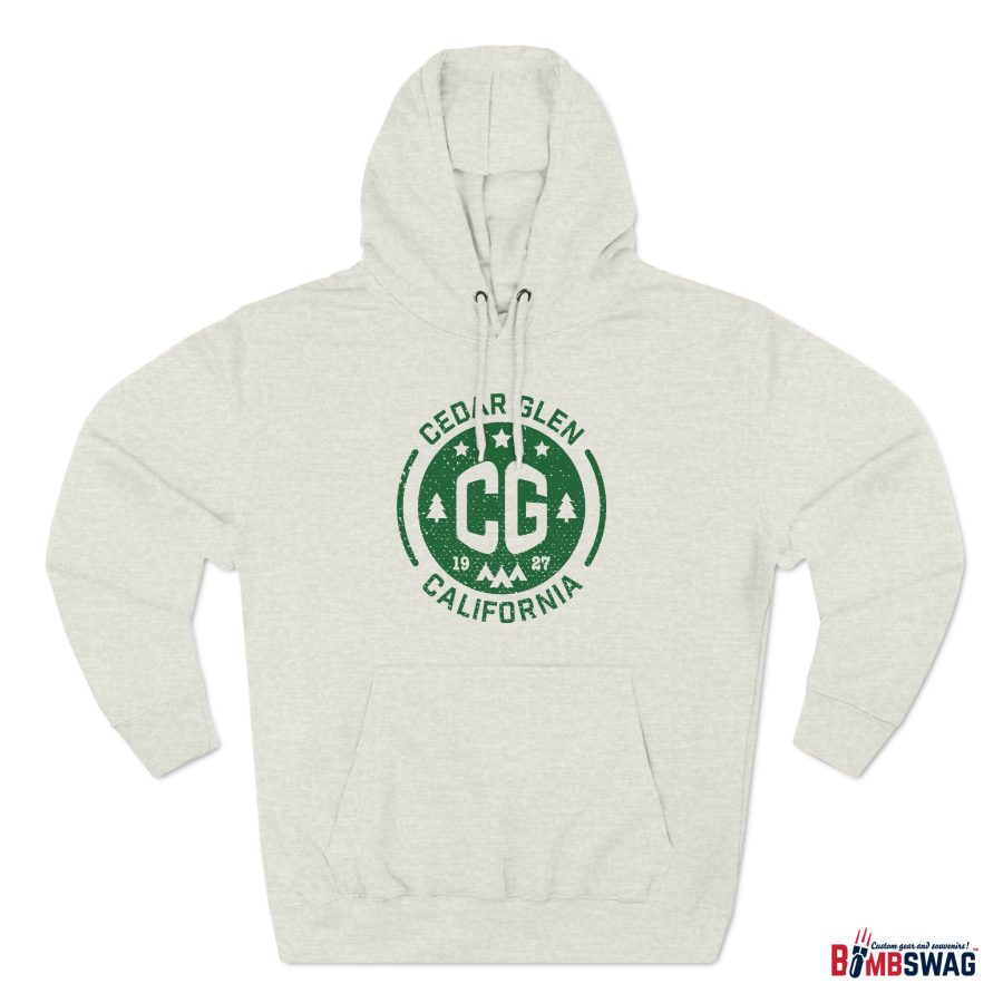 cedar glen premium hoodie with our cg, stars, and tents design