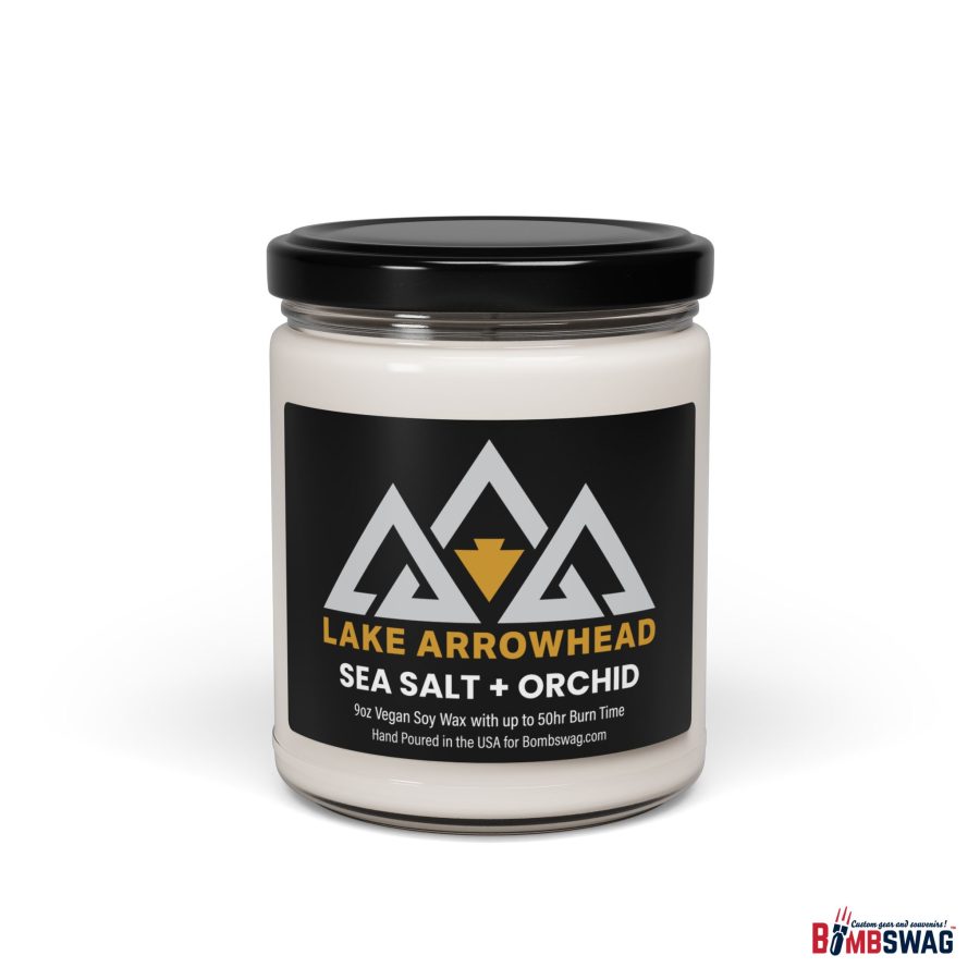 lake arrowhead candle with our black gold three peak arrowhead label art 9 oz blended soy wax