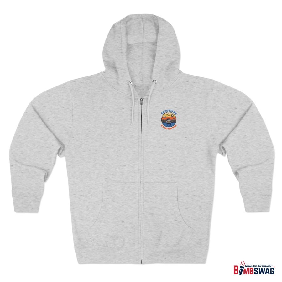 crestline, ca premium zip hoodie with our lakeside cabin sunset design