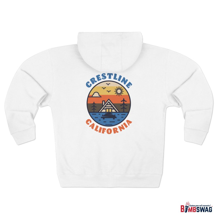 crestline, ca premium zip hoodie with our lakeside cabin sunset design