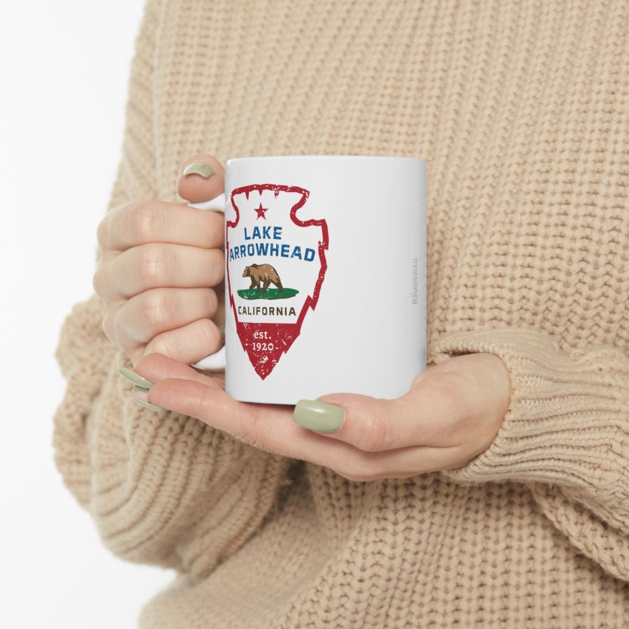 lake arrowhead coffee mug with our signature arrowhead in the style of the california state flag