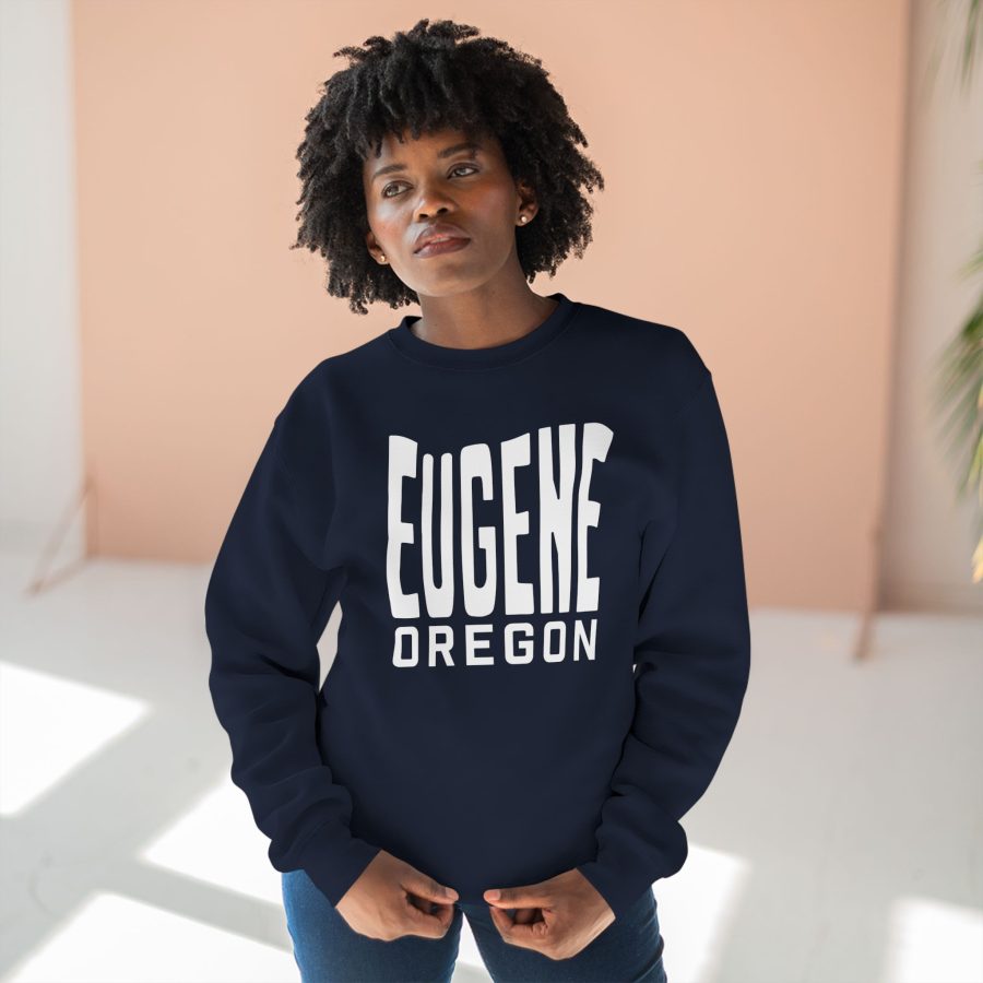 eugene premium crewneck sweatshirt with custom state shaped typeface