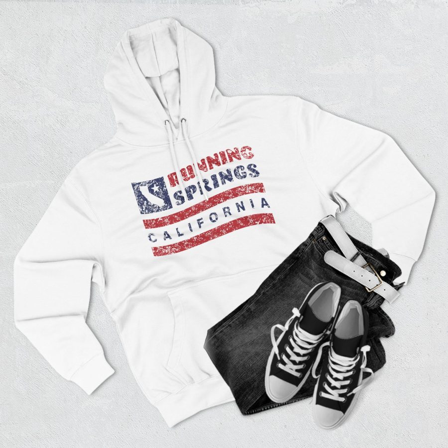 running springs premium hoodie with our flag wave, star, and state shape design