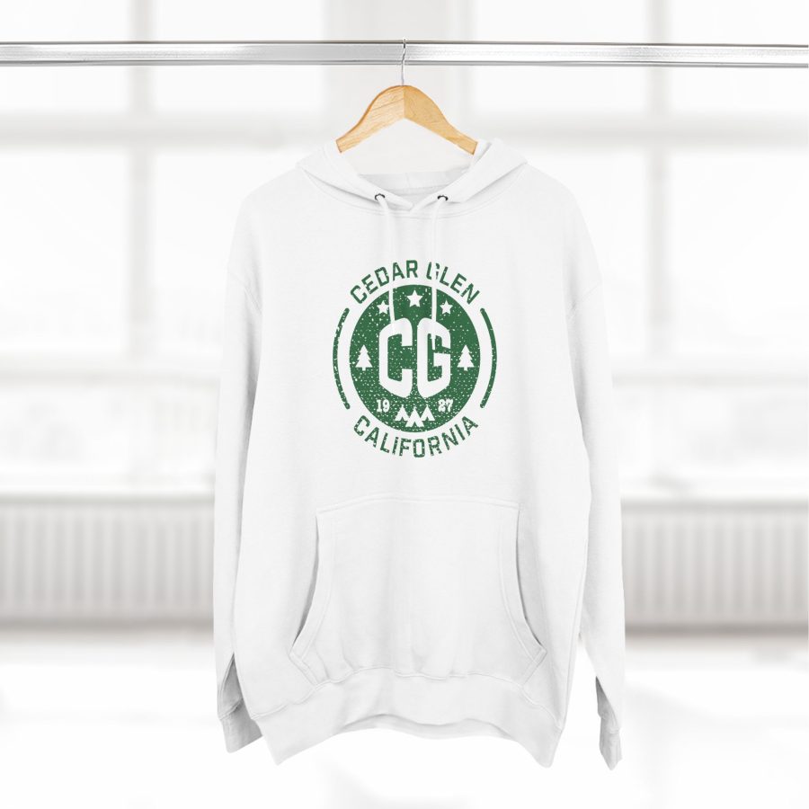 cedar glen premium hoodie with our cg, stars, and tents design