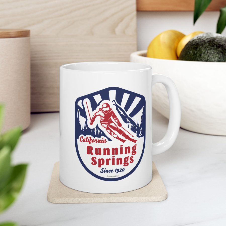 running springs coffee mug with our classic snow ski badge design