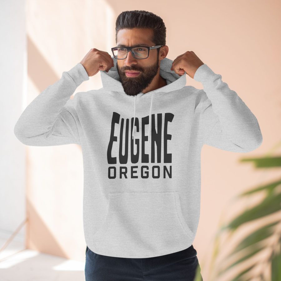 eugene oregon premium hoodie with custom state shaped typeface