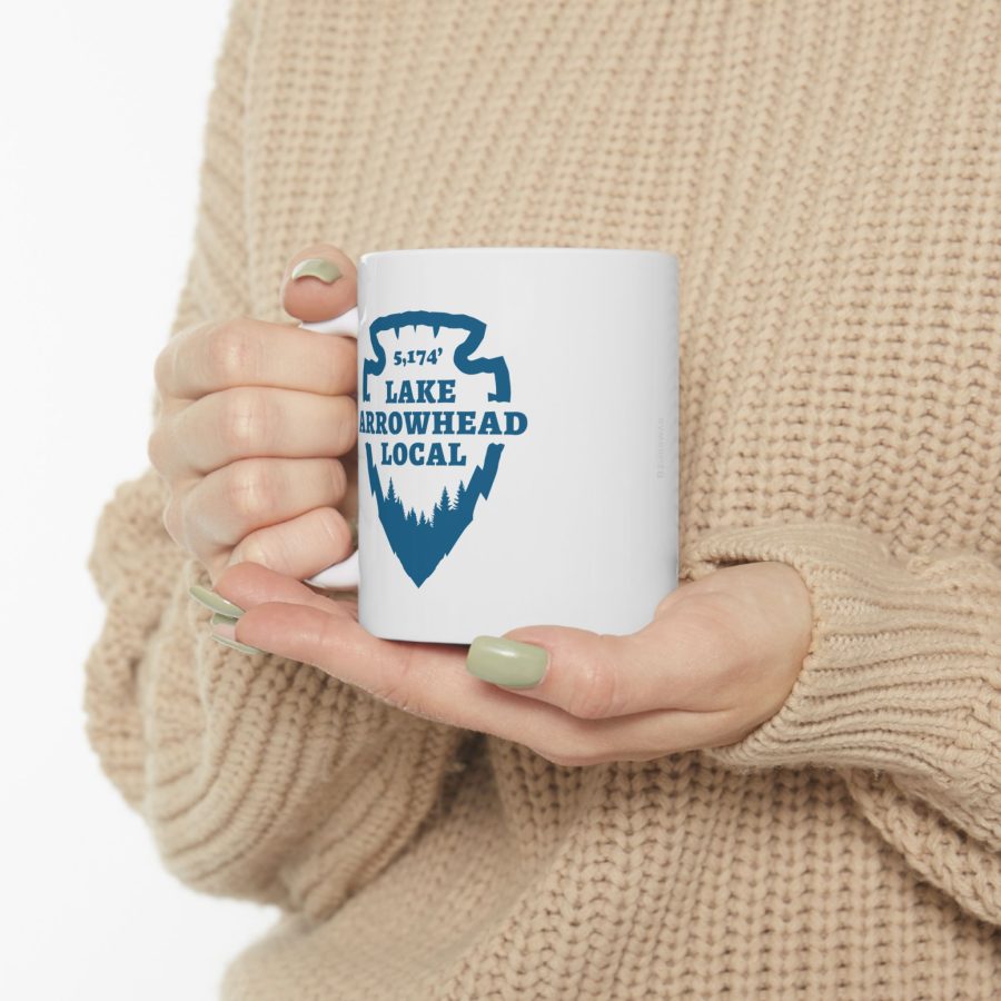 lake arrowhead local mug with our signature arrowhead in blue on white design