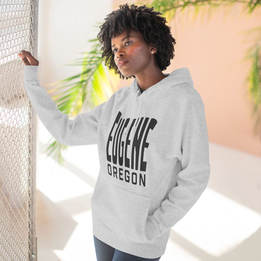 eugene oregon premium hoodie with custom state shaped typeface