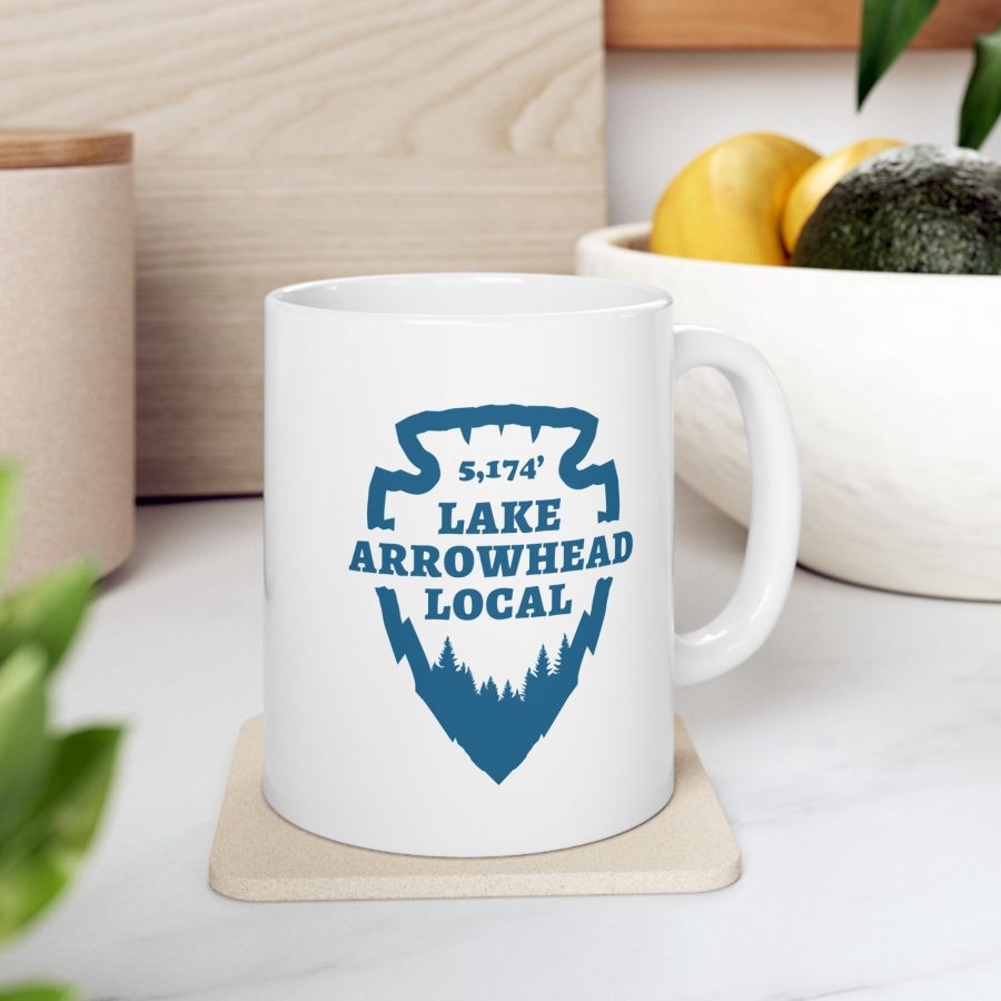 lake arrowhead local mug with our signature arrowhead in blue on white design