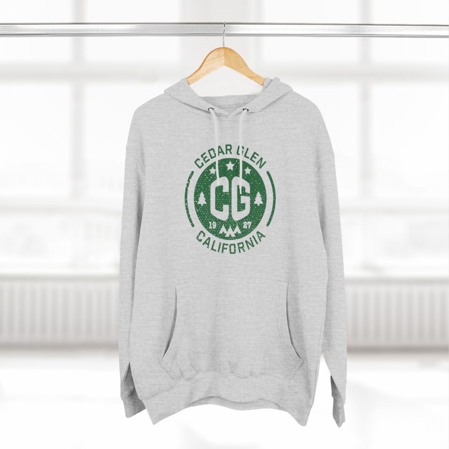 cedar glen premium hoodie with our cg, stars, and tents design