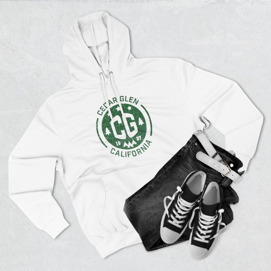 cedar glen premium hoodie with our cg, stars, and tents design