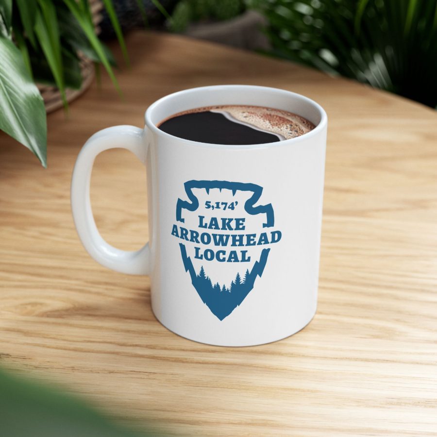 lake arrowhead local mug with our signature arrowhead in blue on white design