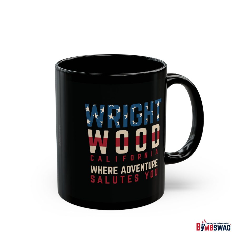 wrightwood, ca black patriotic coffee mug styled as the american flag where adventure salutes you