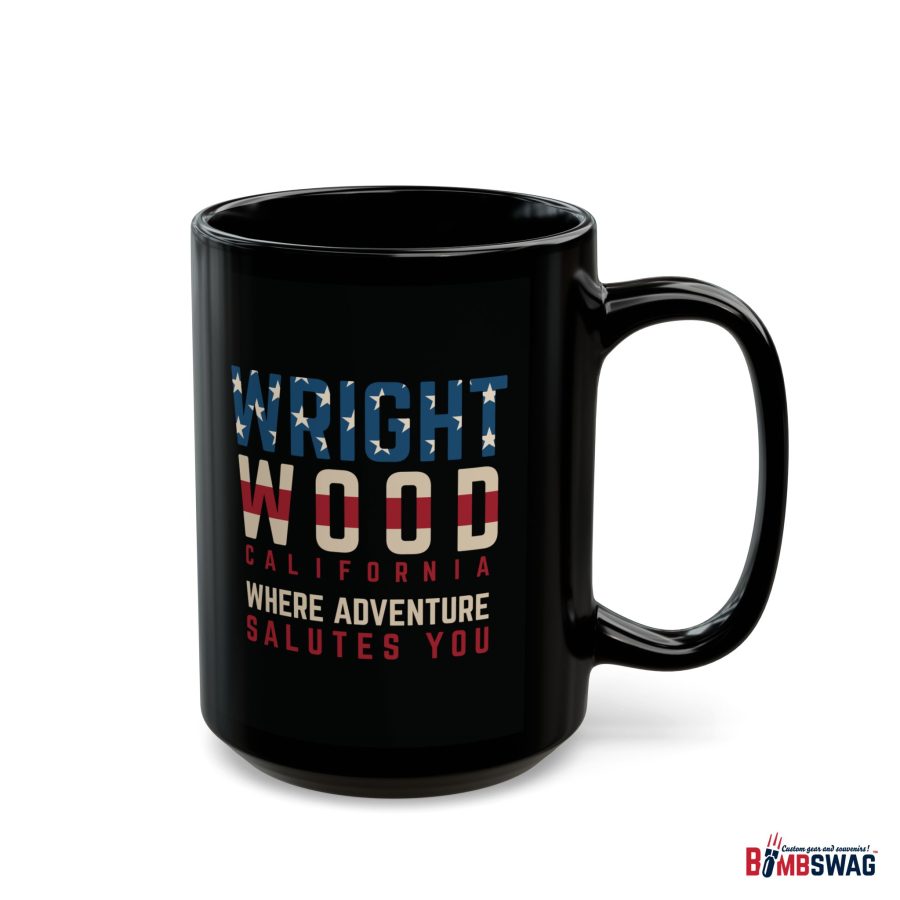 wrightwood, ca black patriotic coffee mug styled as the american flag where adventure salutes you