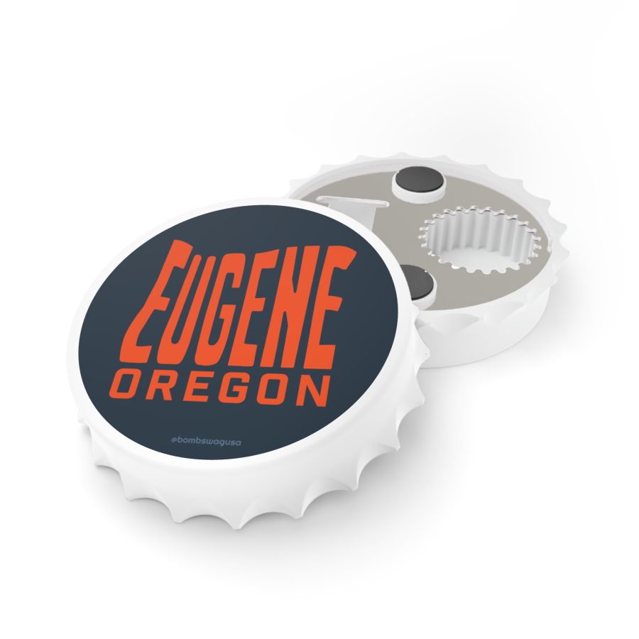 eugene oregon bottle opener refrigerator magnet with state shaped typeface in blue and orange