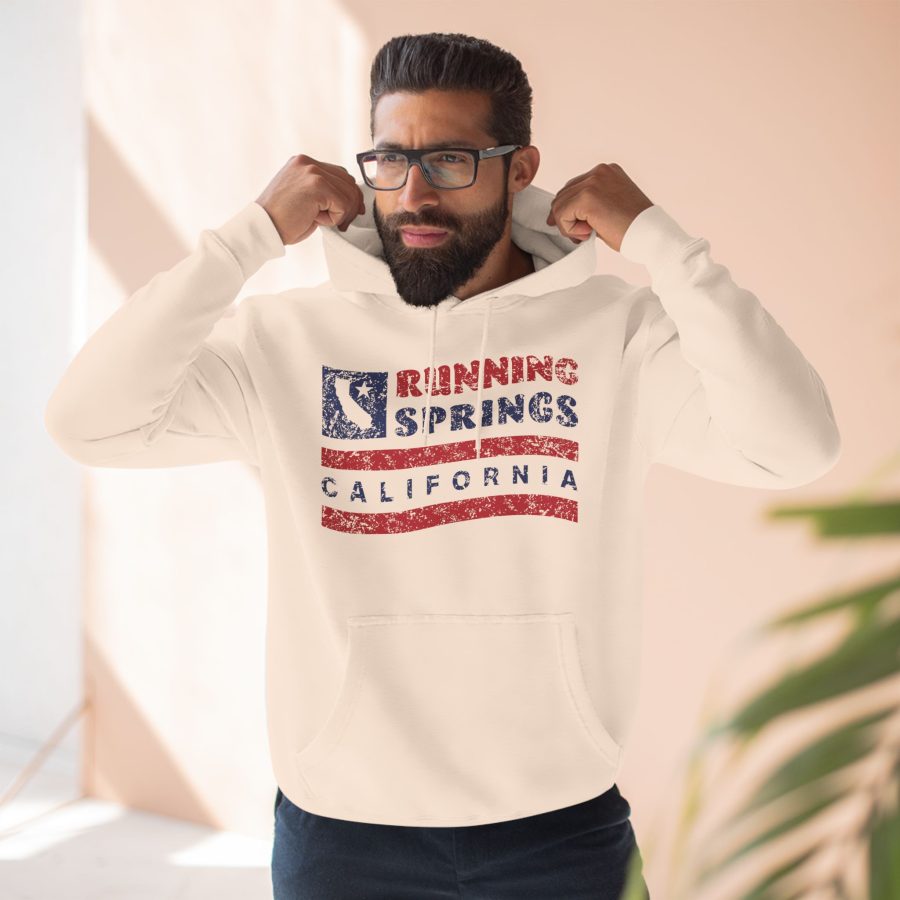 running springs premium hoodie with our flag wave, star, and state shape design