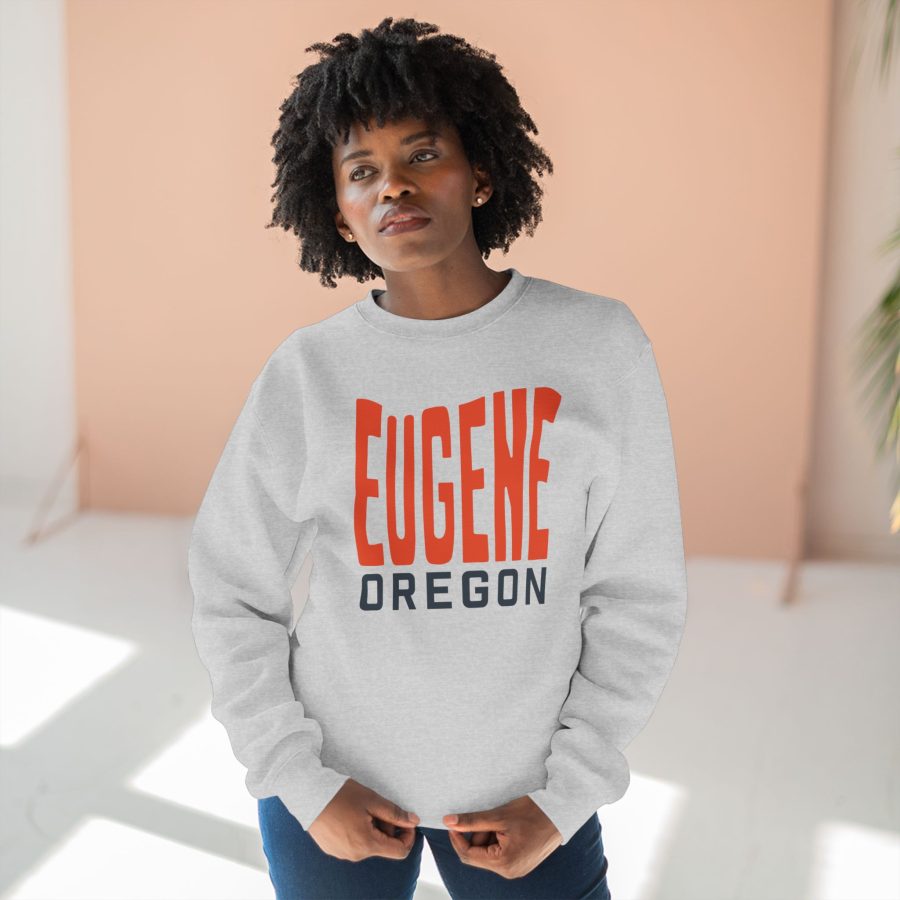 eugene premium crewneck sweatshirt with custom state shaped typeface