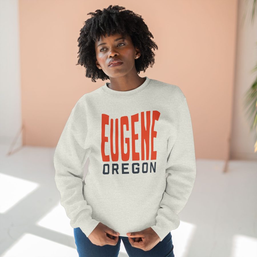 eugene premium crewneck sweatshirt with custom state shaped typeface