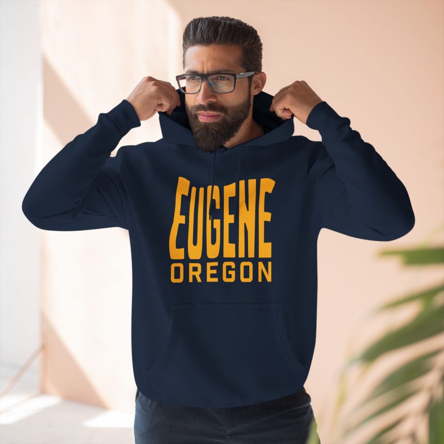 eugene oregon premium hoodie with custom state shaped typeface