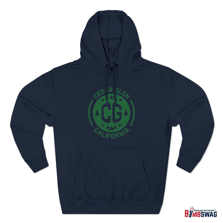 cedar glen premium hoodie with our cg, stars, and tents design