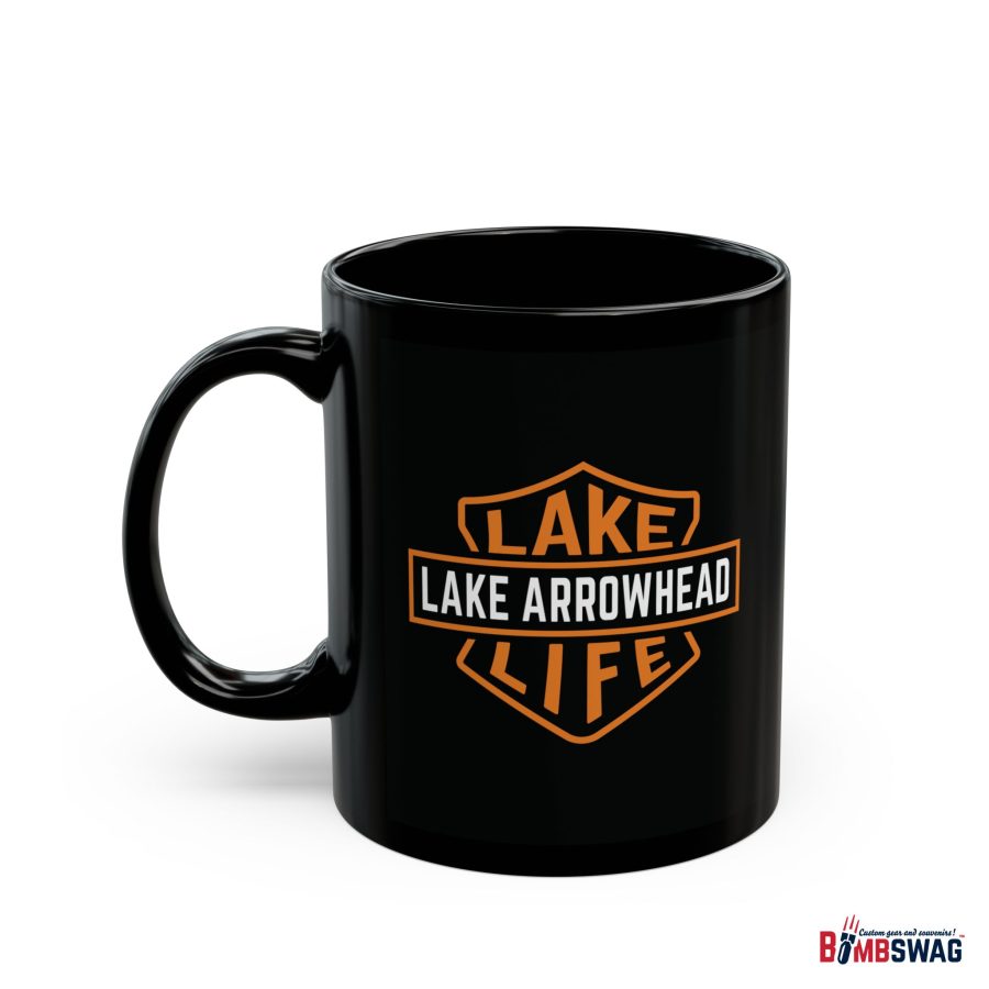 lake arrowhead black coffee mug with our signature lake life shield