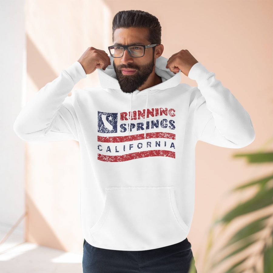 running springs premium hoodie with our flag wave, star, and state shape design