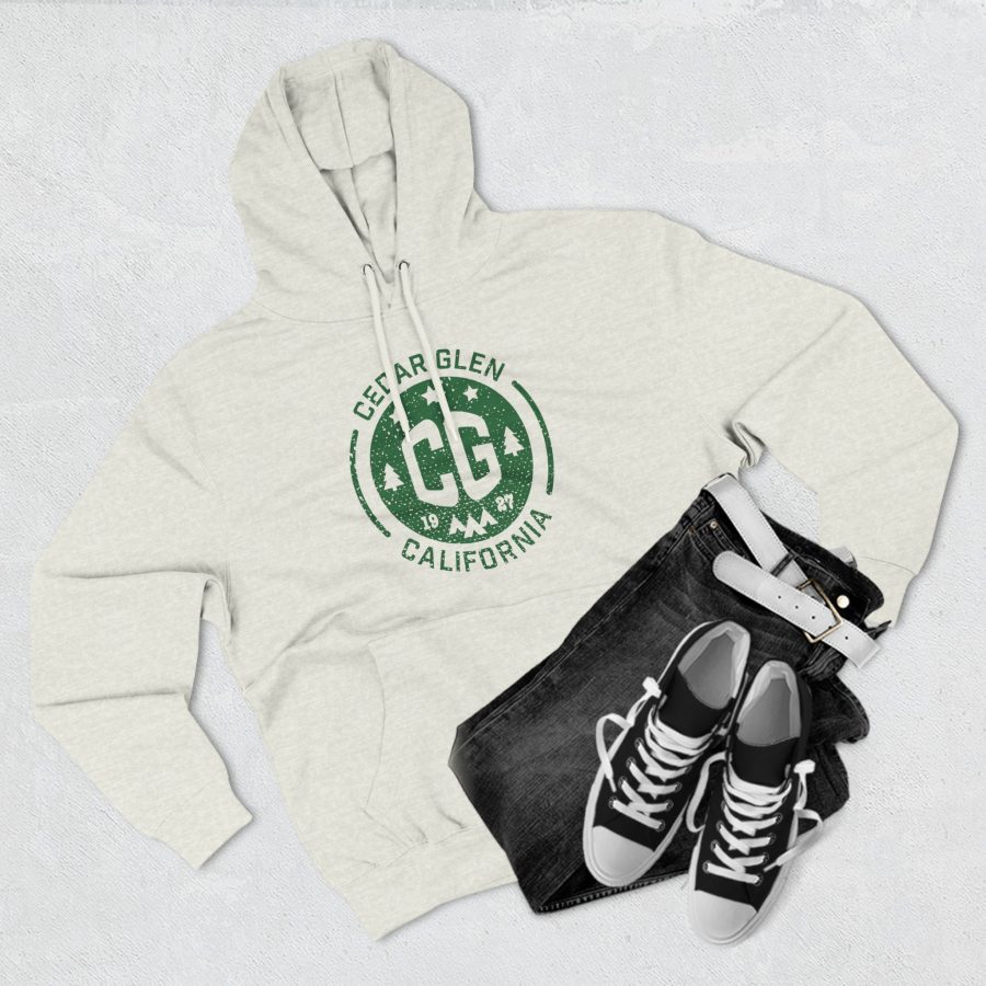 cedar glen premium hoodie with our cg, stars, and tents design