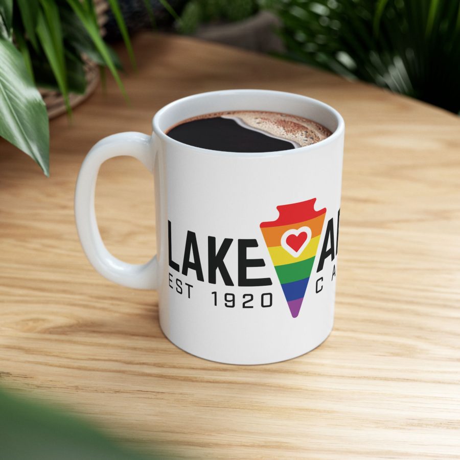 lake arrowhead coffee mug with our lgbtq+ arrowhead, heart, and font art