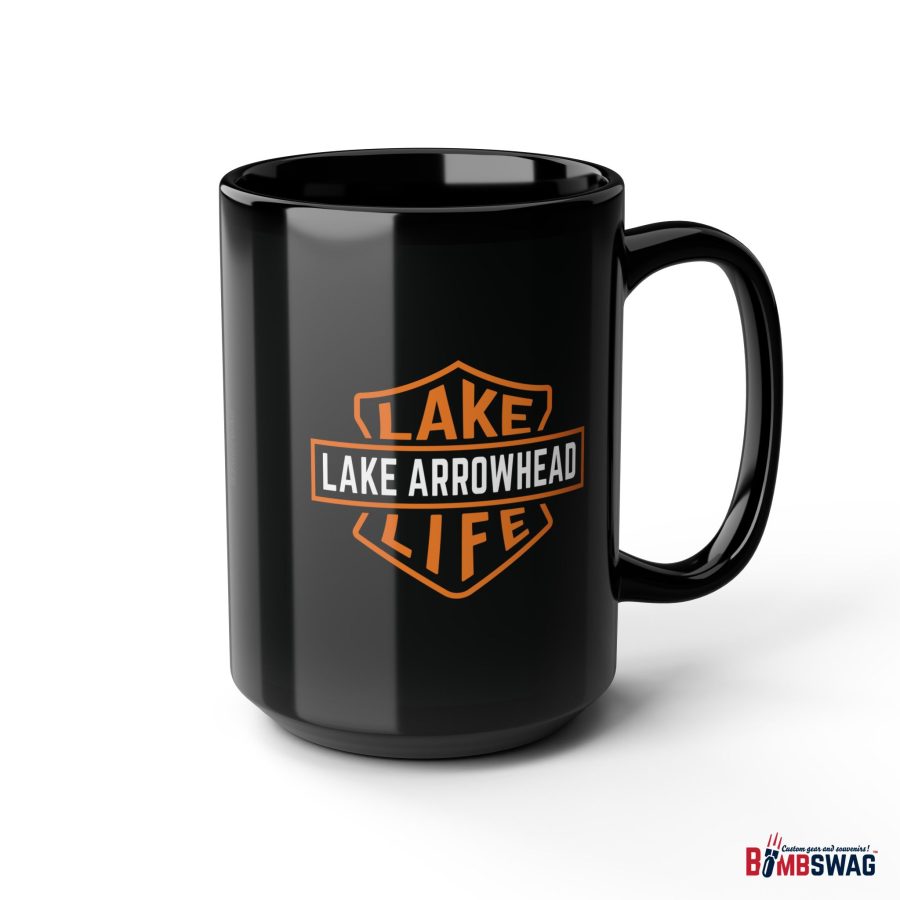 lake arrowhead black coffee mug with our signature lake life shield