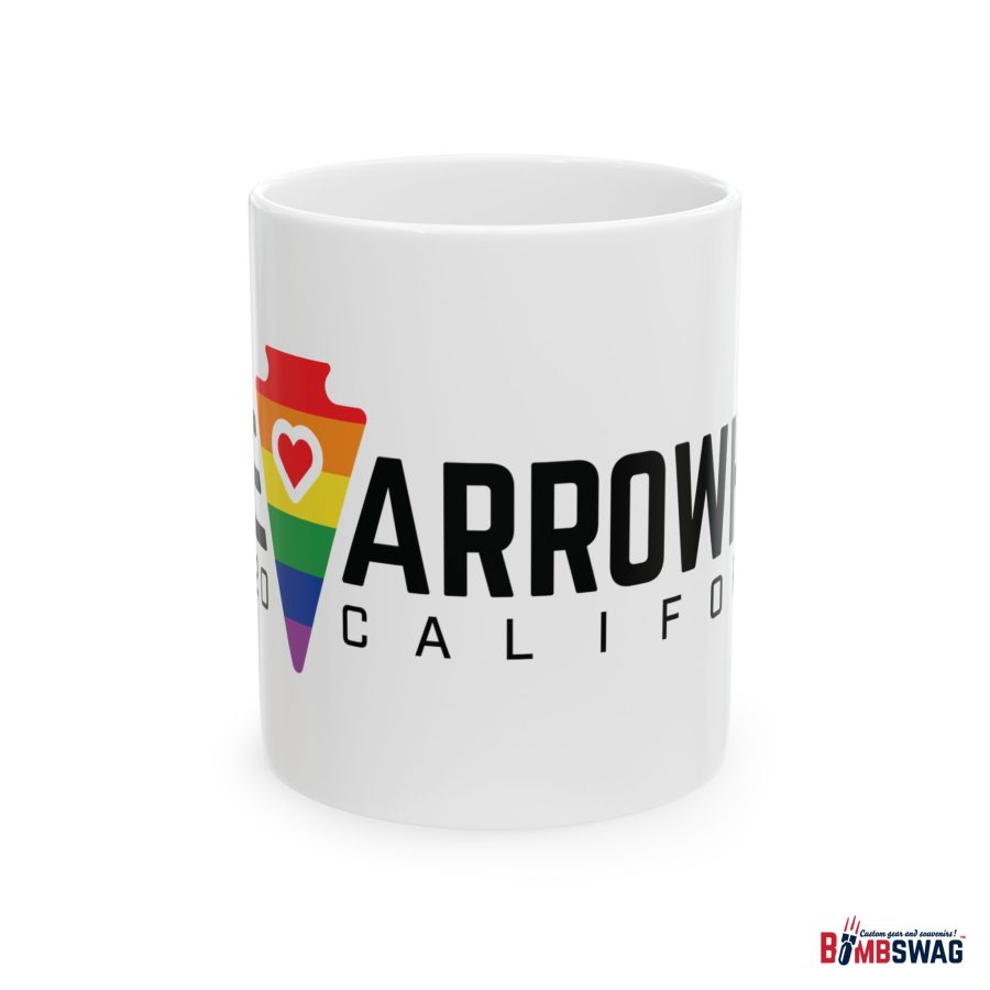 lake arrowhead coffee mug with our lgbtq+ arrowhead, heart, and font art