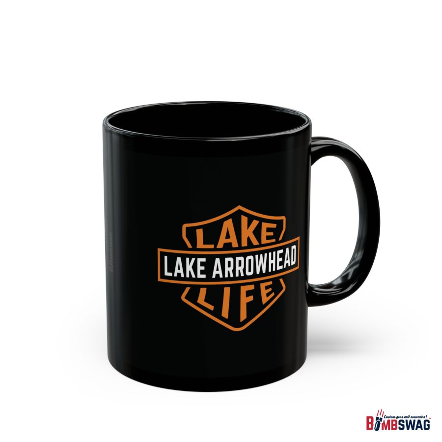 lake arrowhead black coffee mug with our signature lake life shield