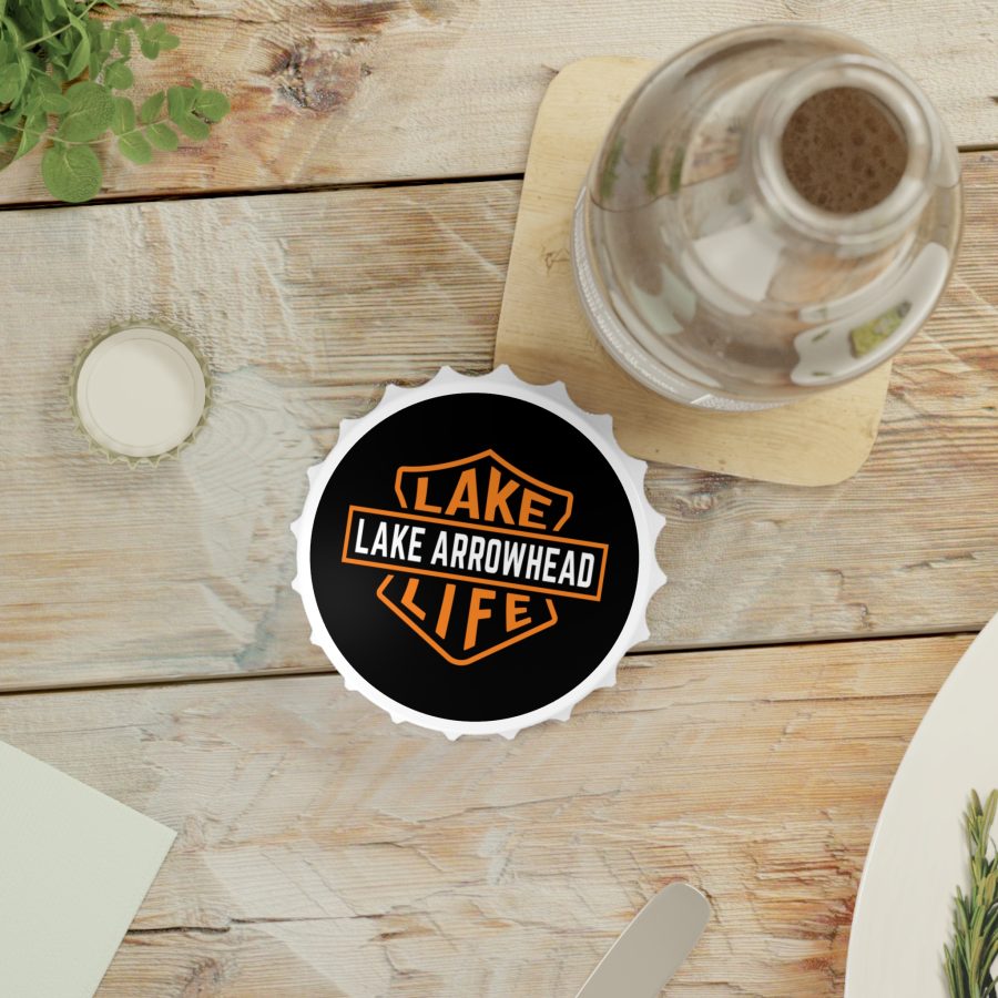 lake arrowhead bottle opener refrigerator magnet with our signature lake life shield