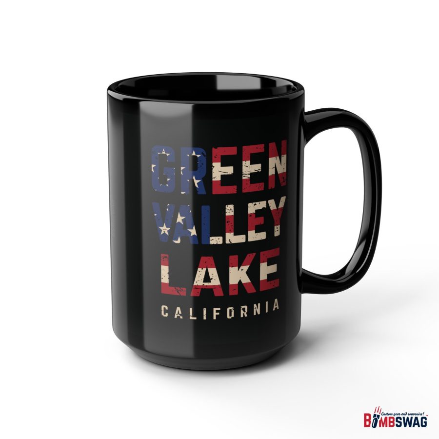 green valley lake black coffee mug styled with the american flag