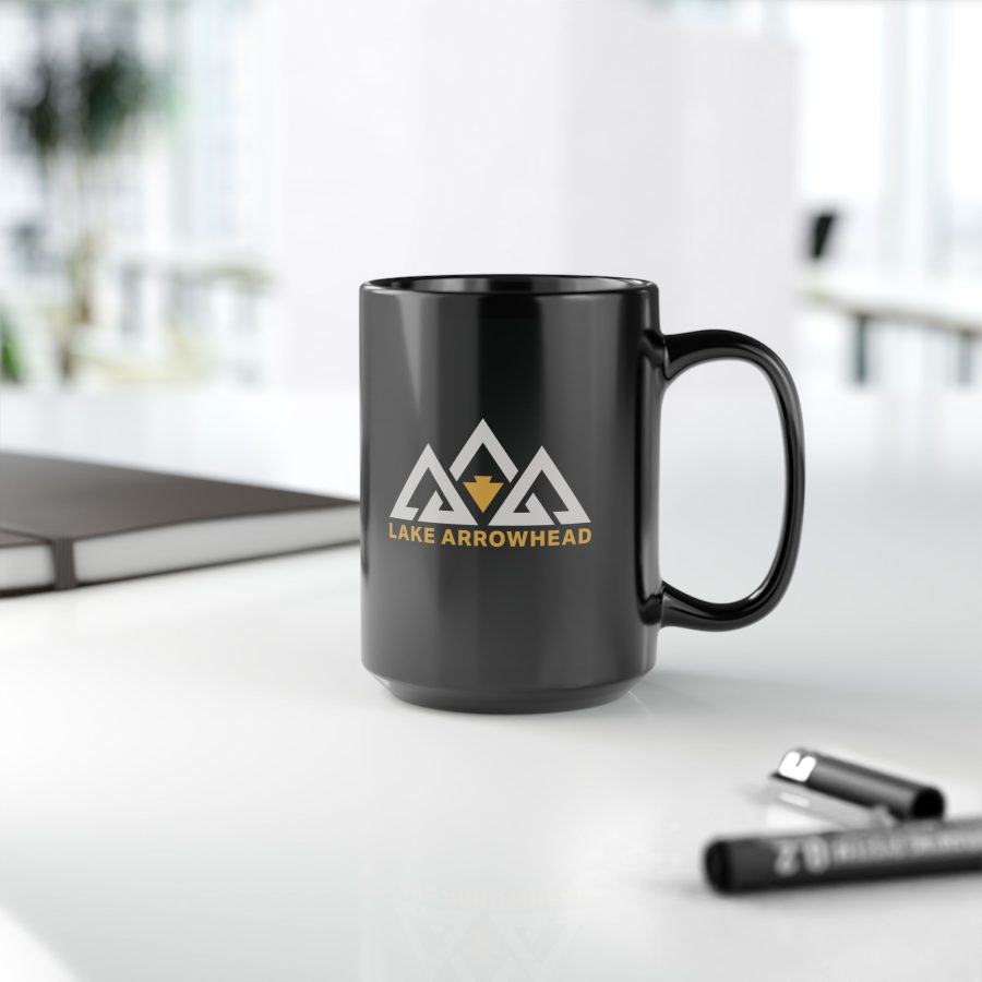 lake arrowhead black coffee mug with our black gold three peak arrowhead design