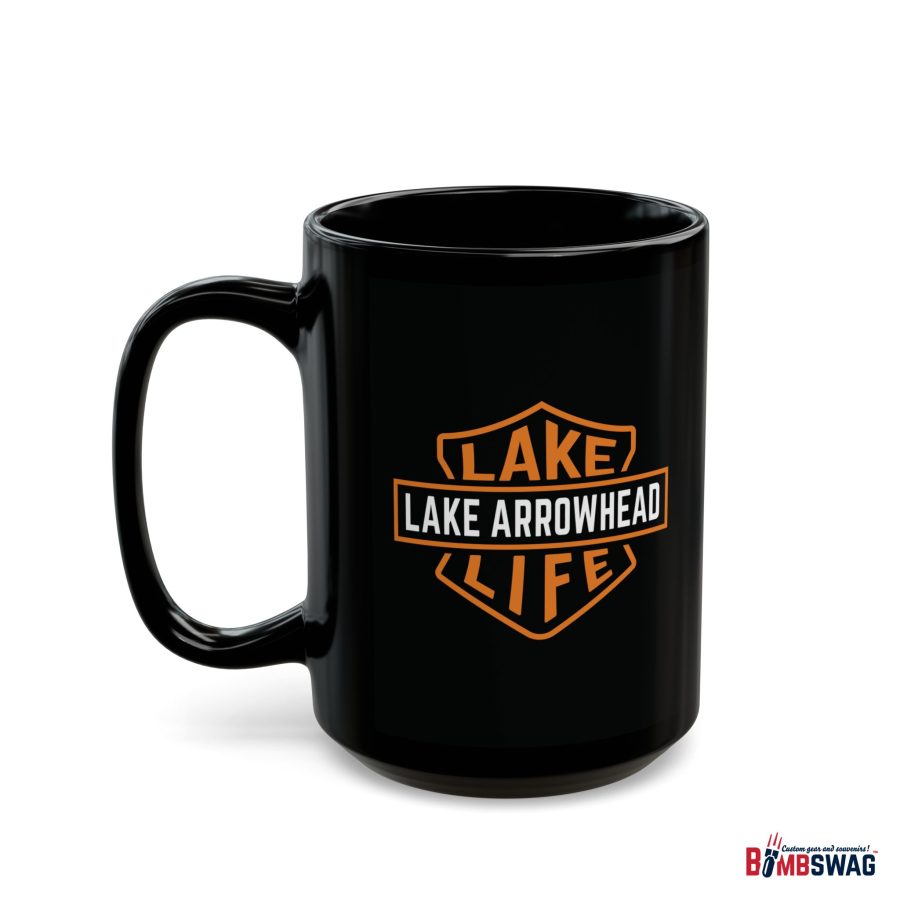 lake arrowhead black coffee mug with our signature lake life shield