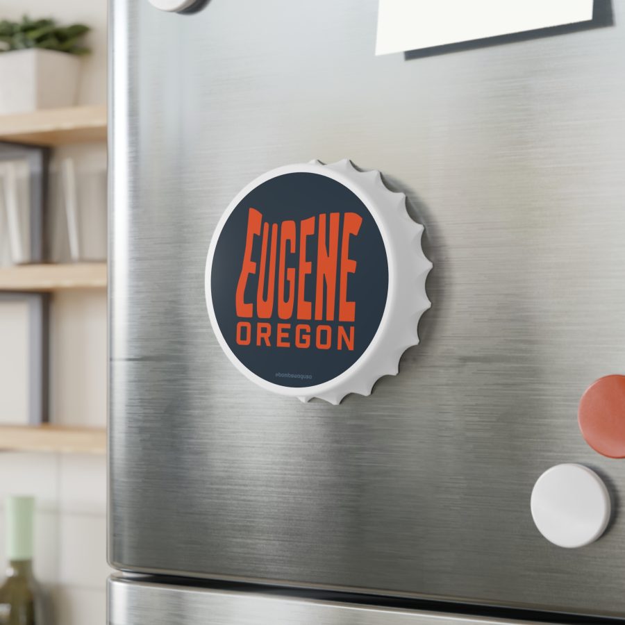 eugene oregon bottle opener refrigerator magnet with state shaped typeface in blue and orange