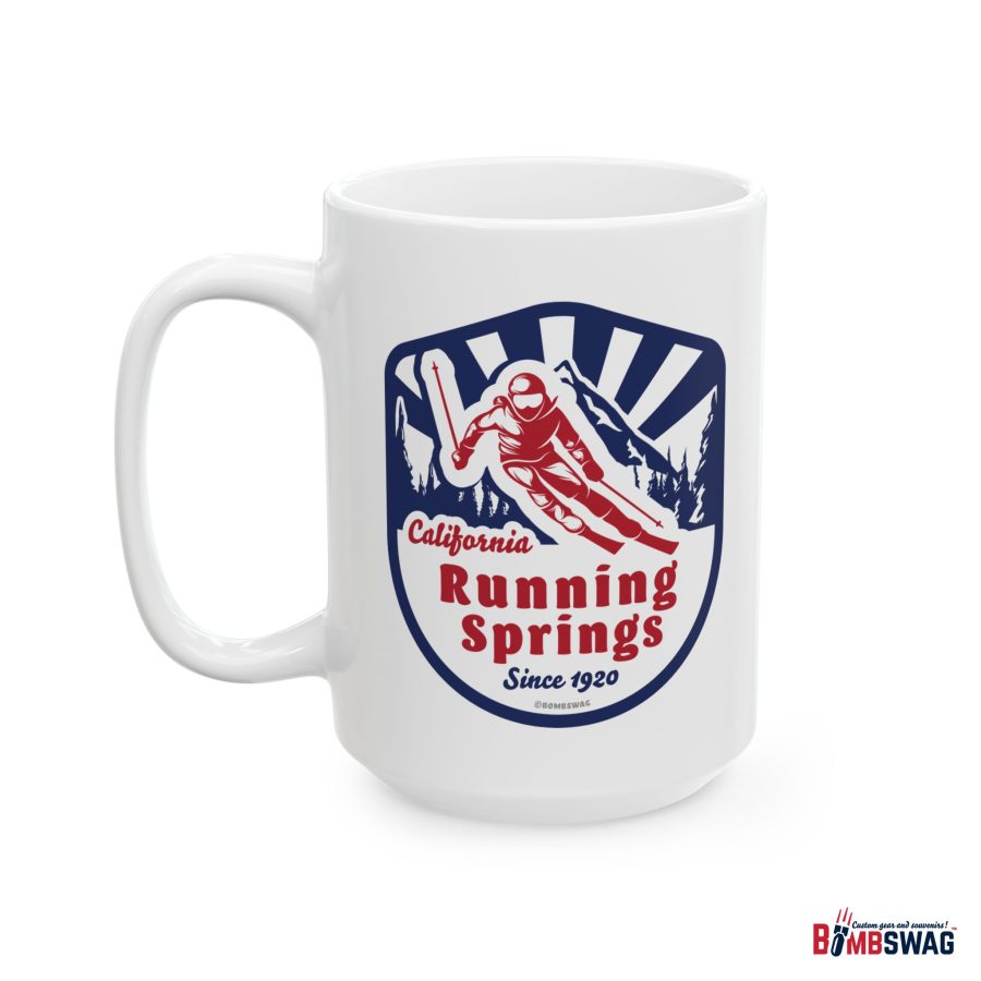 running springs coffee mug with our classic snow ski badge design