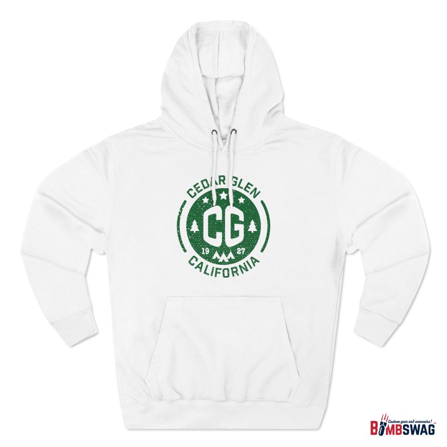 cedar glen premium hoodie with our cg, stars, and tents design