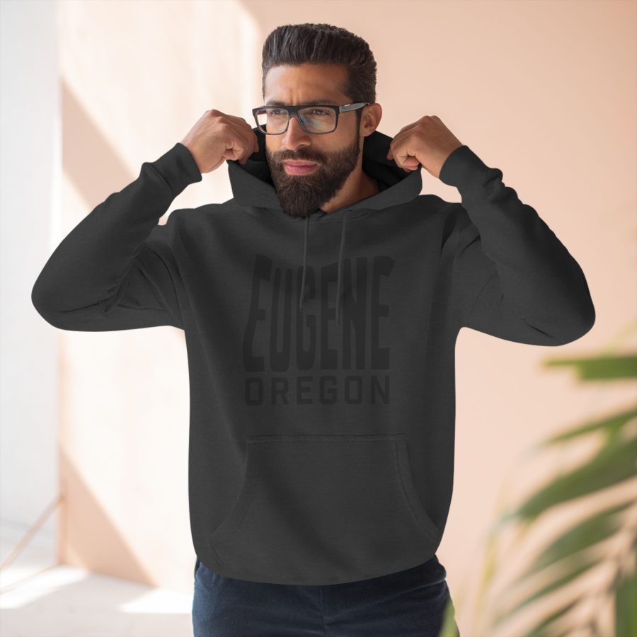 eugene oregon premium hoodie with custom state shaped typeface