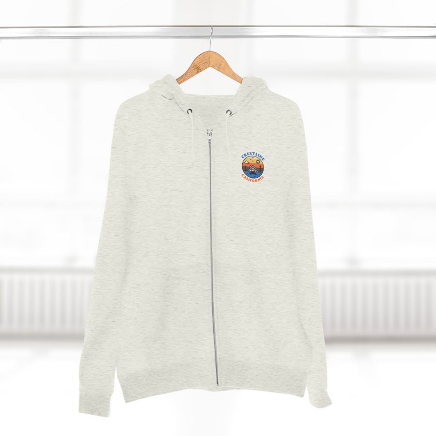 crestline, ca premium zip hoodie with our lakeside cabin sunset design