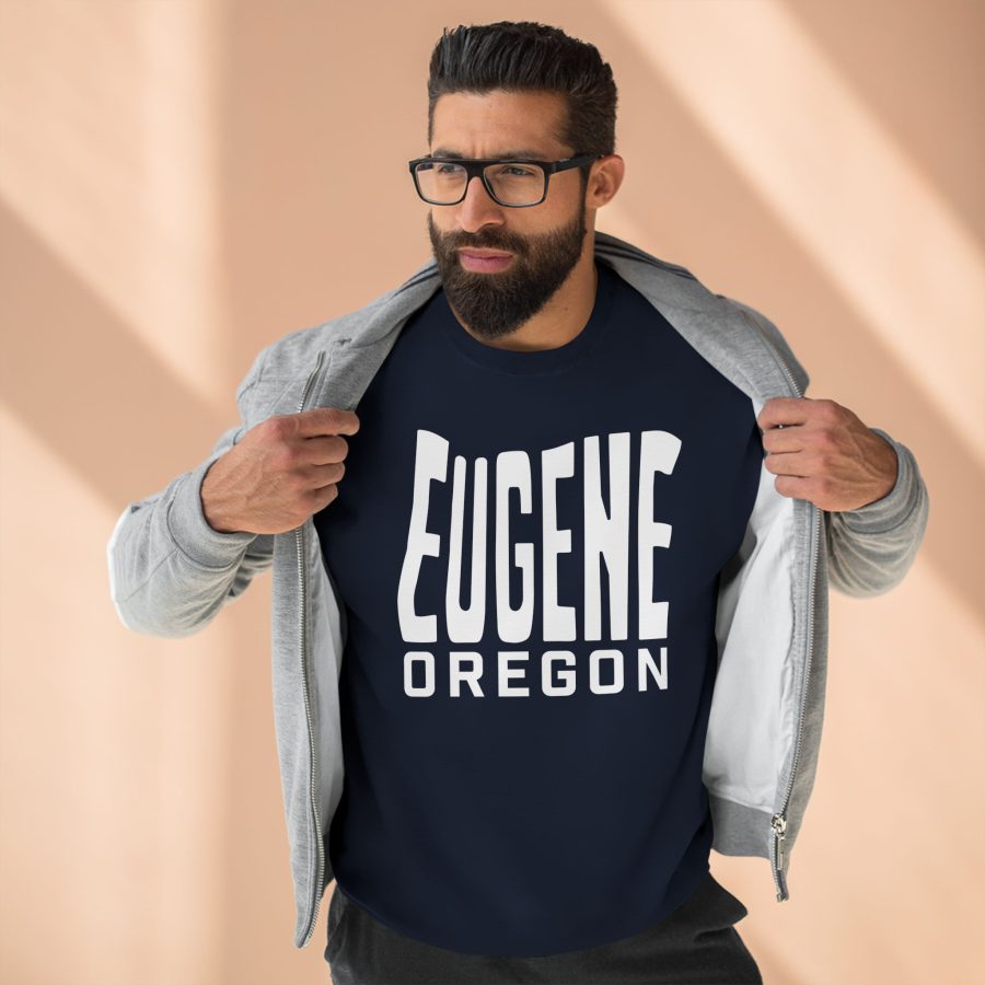 eugene premium crewneck sweatshirt with custom state shaped typeface