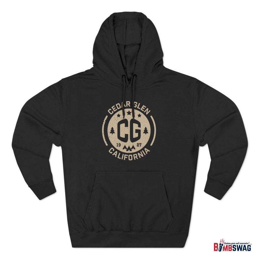 cedar glen premium hoodie with our cg, stars, and tents design