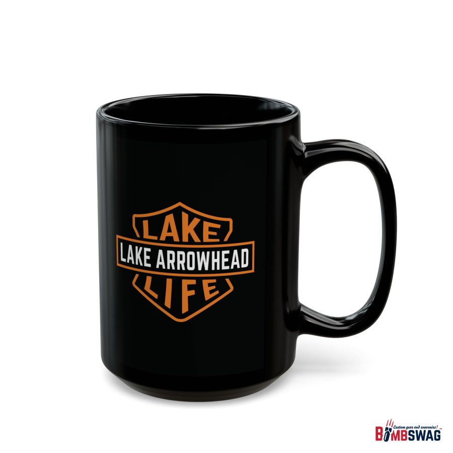 lake arrowhead black coffee mug with our signature lake life shield