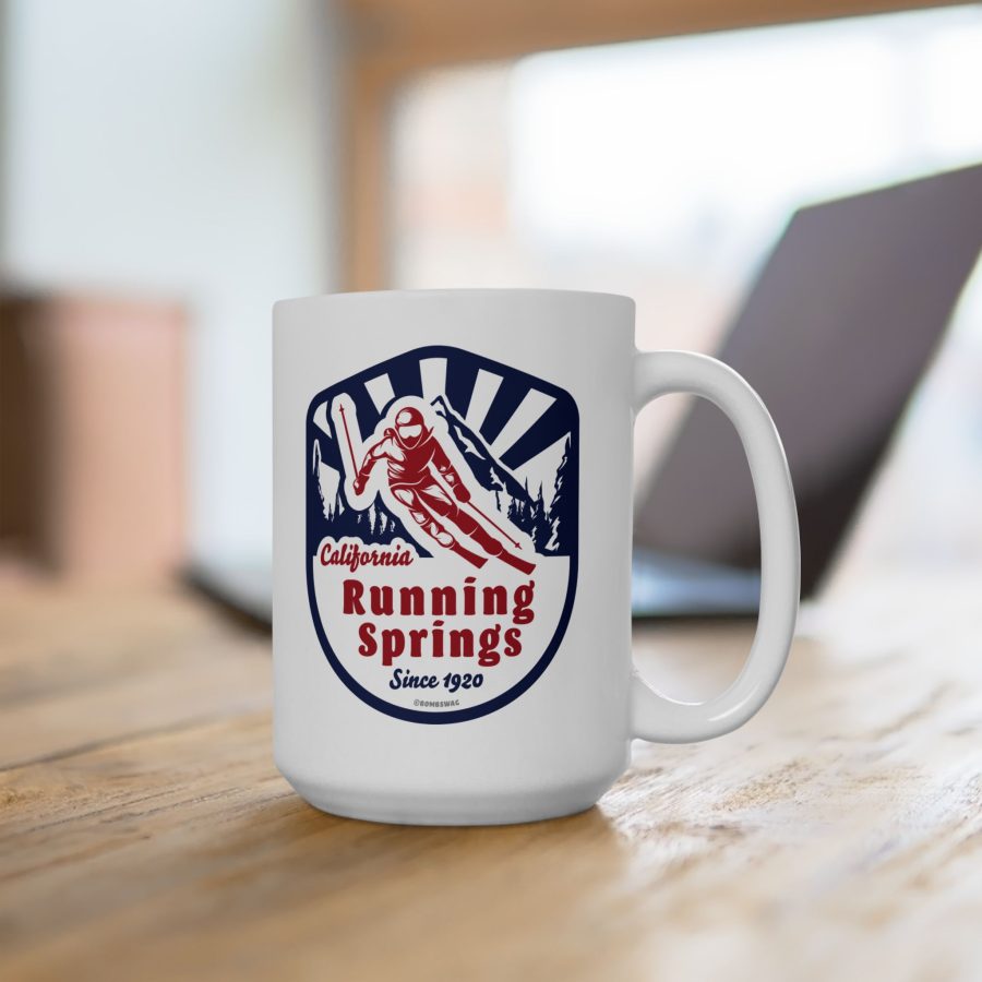 running springs coffee mug with our classic snow ski badge design