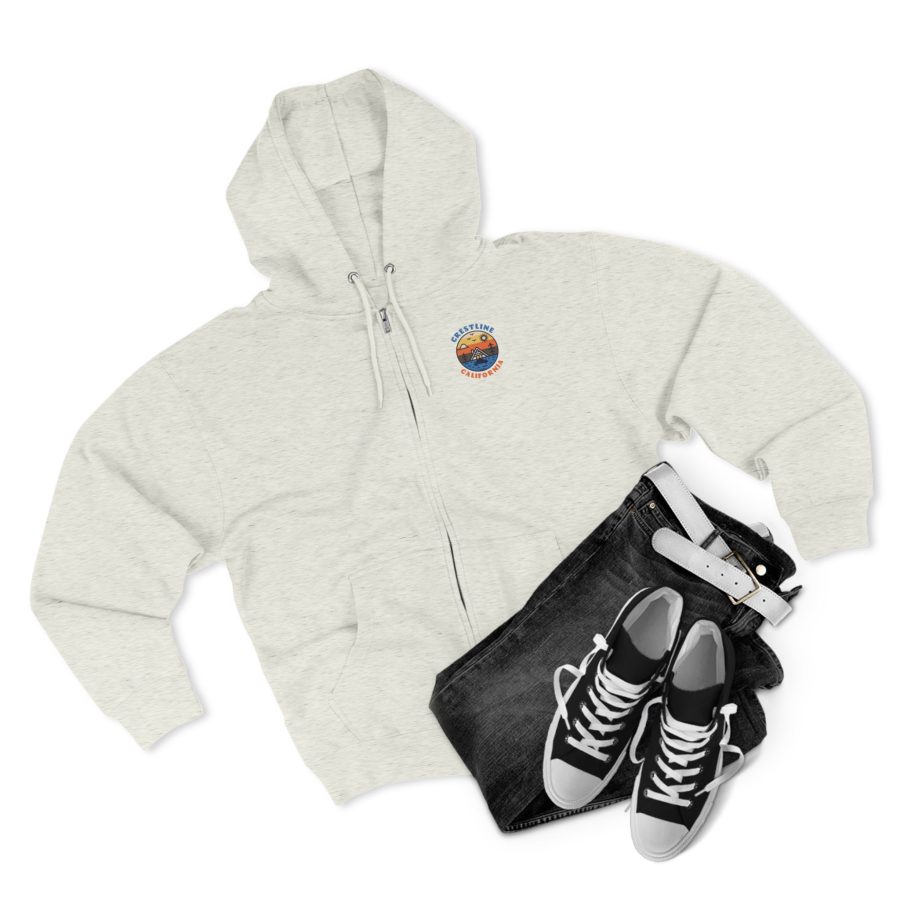 crestline, ca premium zip hoodie with our lakeside cabin sunset design