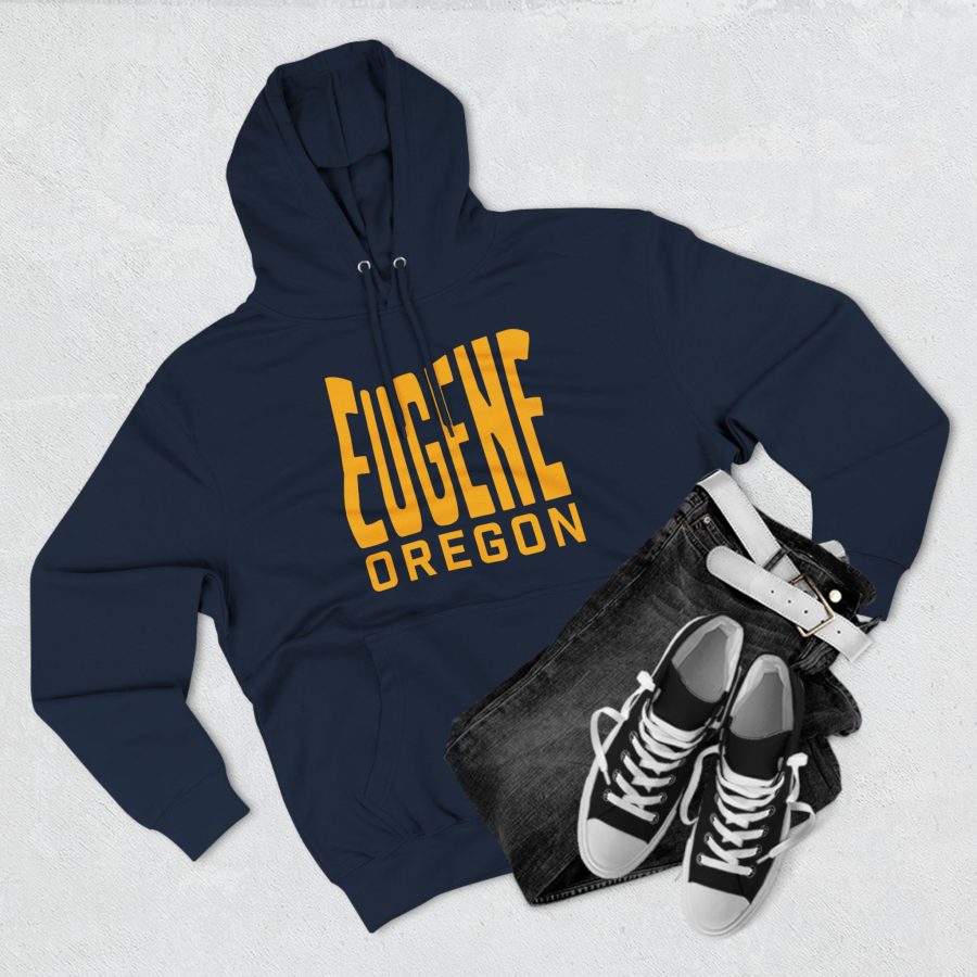 eugene oregon premium hoodie with custom state shaped typeface